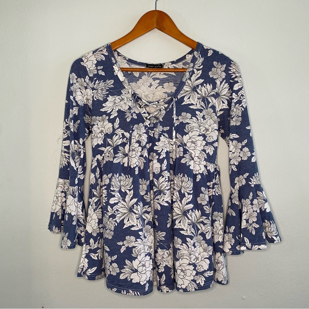 Beautiful Floral Sweet Claire Blue Bell Sleeve Blouse With White Flowers